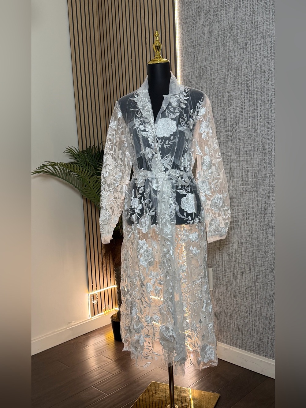 AKIRA White Sheer Floral Lace Robe with Belt